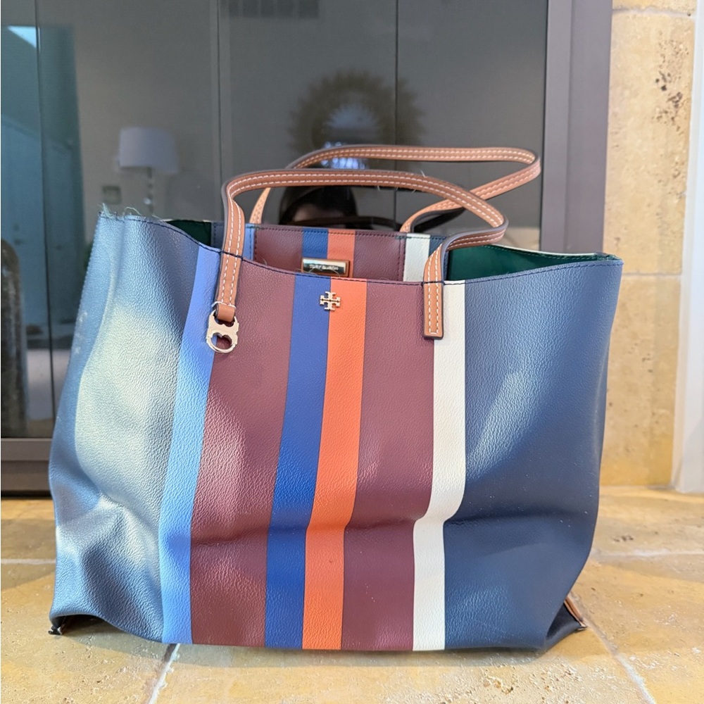Tory Burch Blue and Brown Striped Tote